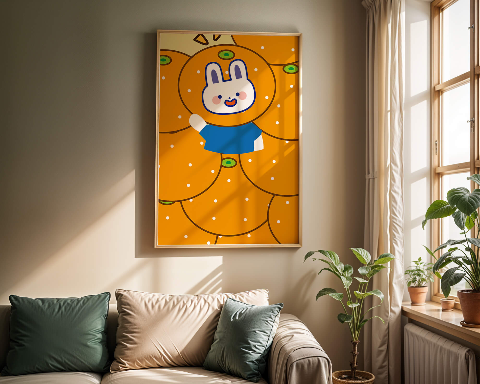 Whimsical illustration of a bunny surrounded by oranges