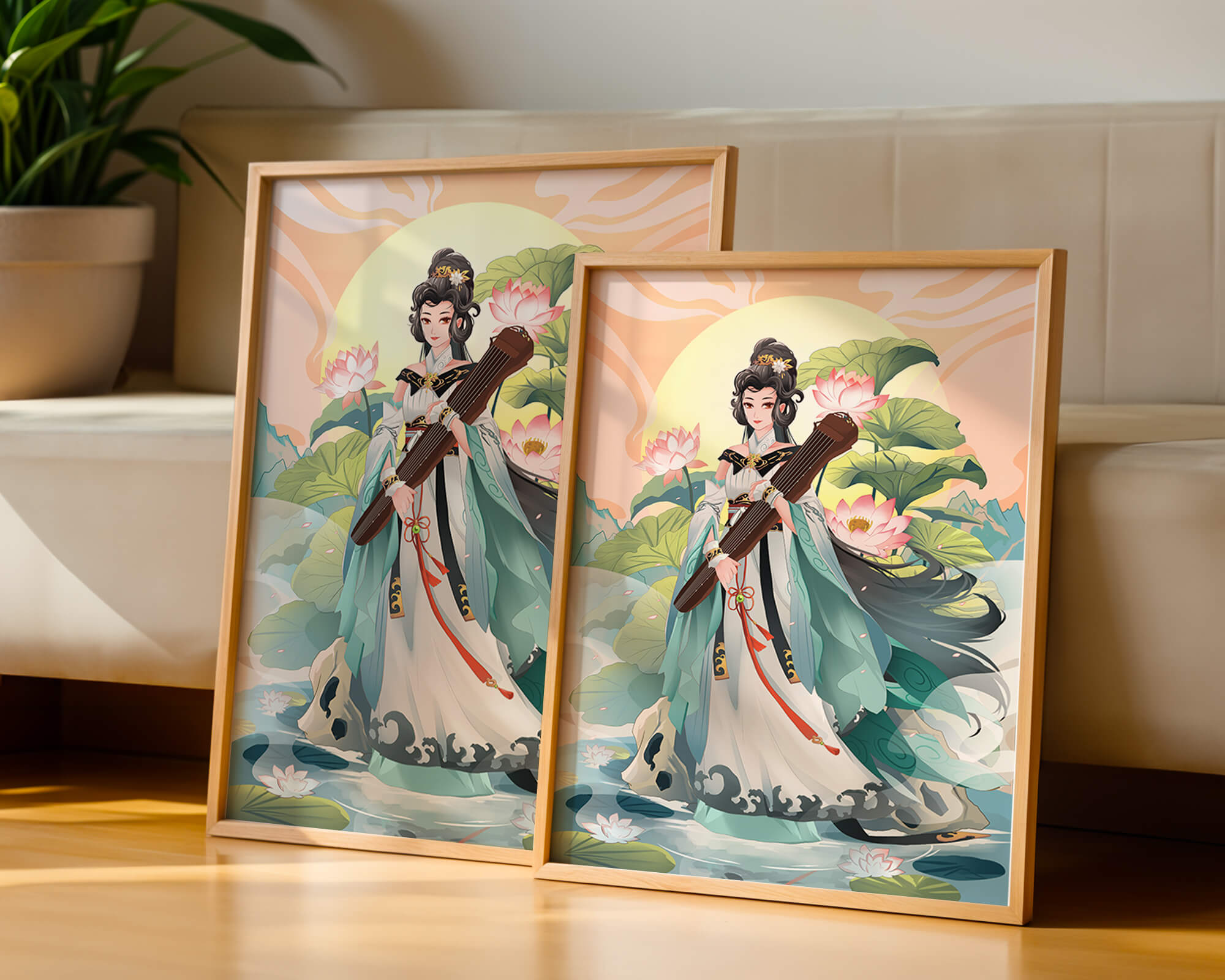 Elegant woman with traditional clothing and musical instrument in serene nature setting