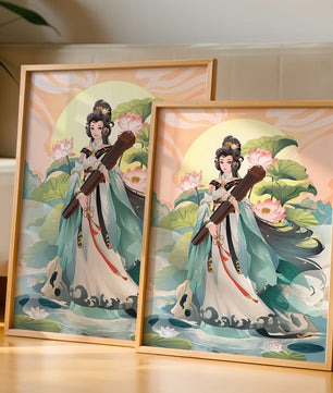 Elegant woman with traditional clothing and musical instrument in serene nature setting