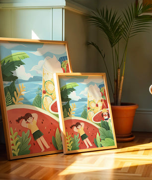 Paysage estival coloré avec des fruits tropicaux et des enfants qui se détendent