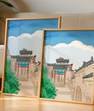 Arquitectura china tradicional con toques vibrantes y fondo escénico
