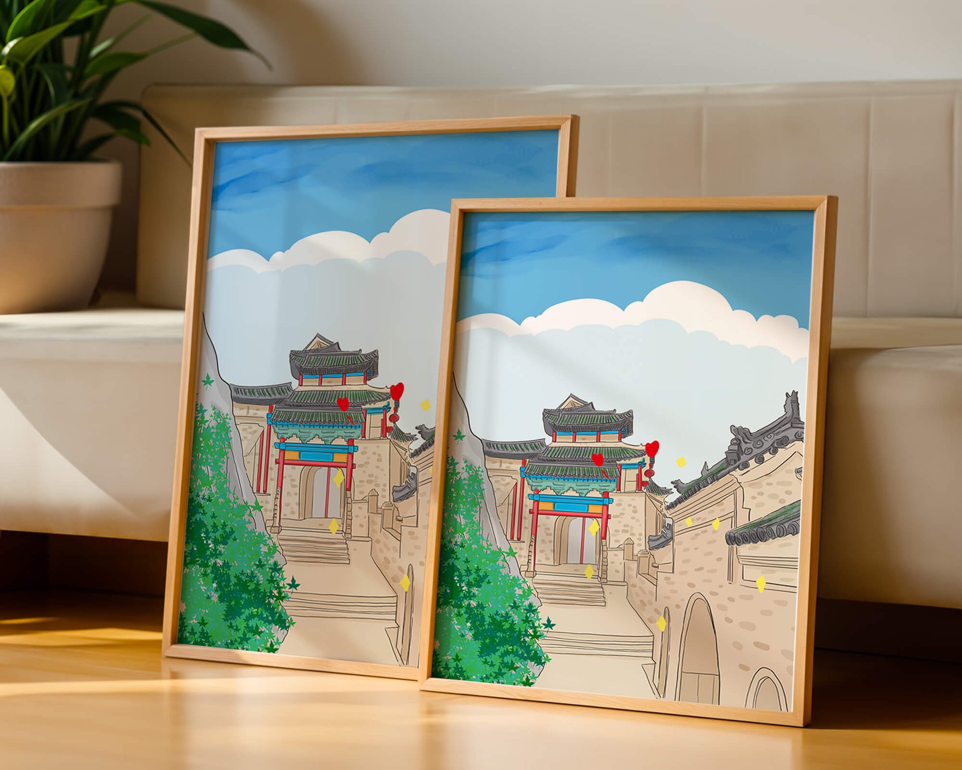 Arquitectura china tradicional con toques vibrantes y fondo escénico
