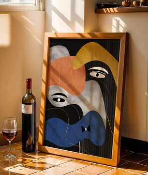 Abstract geometric art with bold colors and gold accents