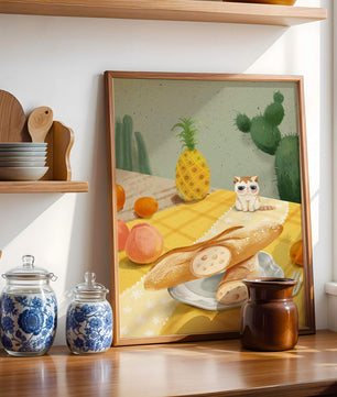 Gato con gafas de sol en un entorno tropical con baguettes y frutas