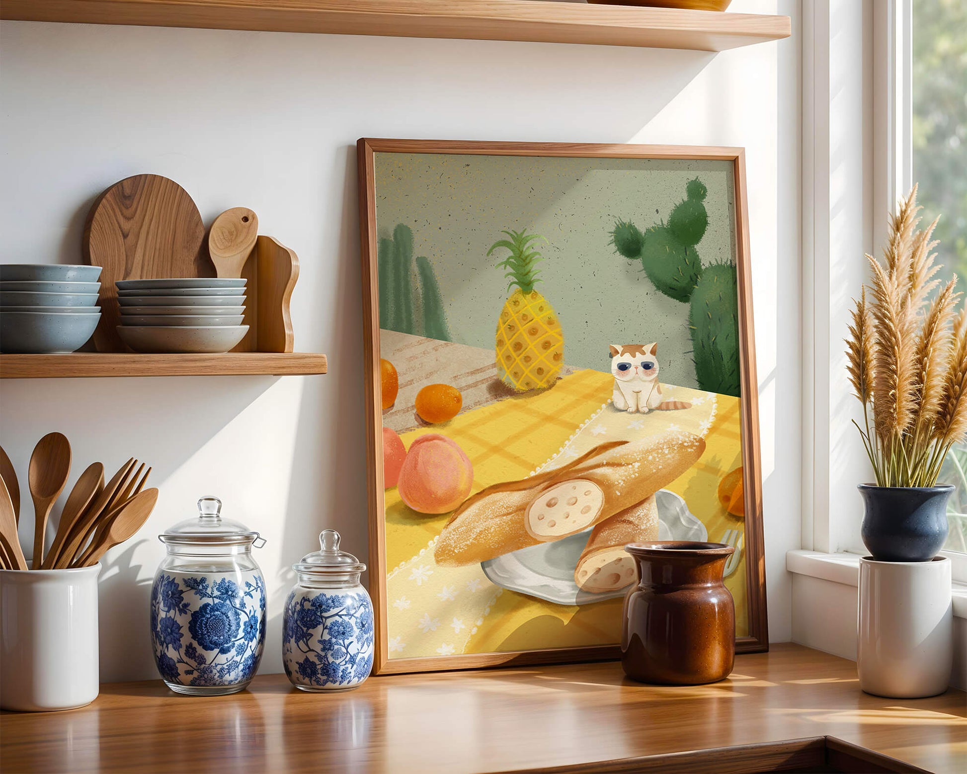 Gato con gafas de sol en un entorno tropical con baguettes y frutas