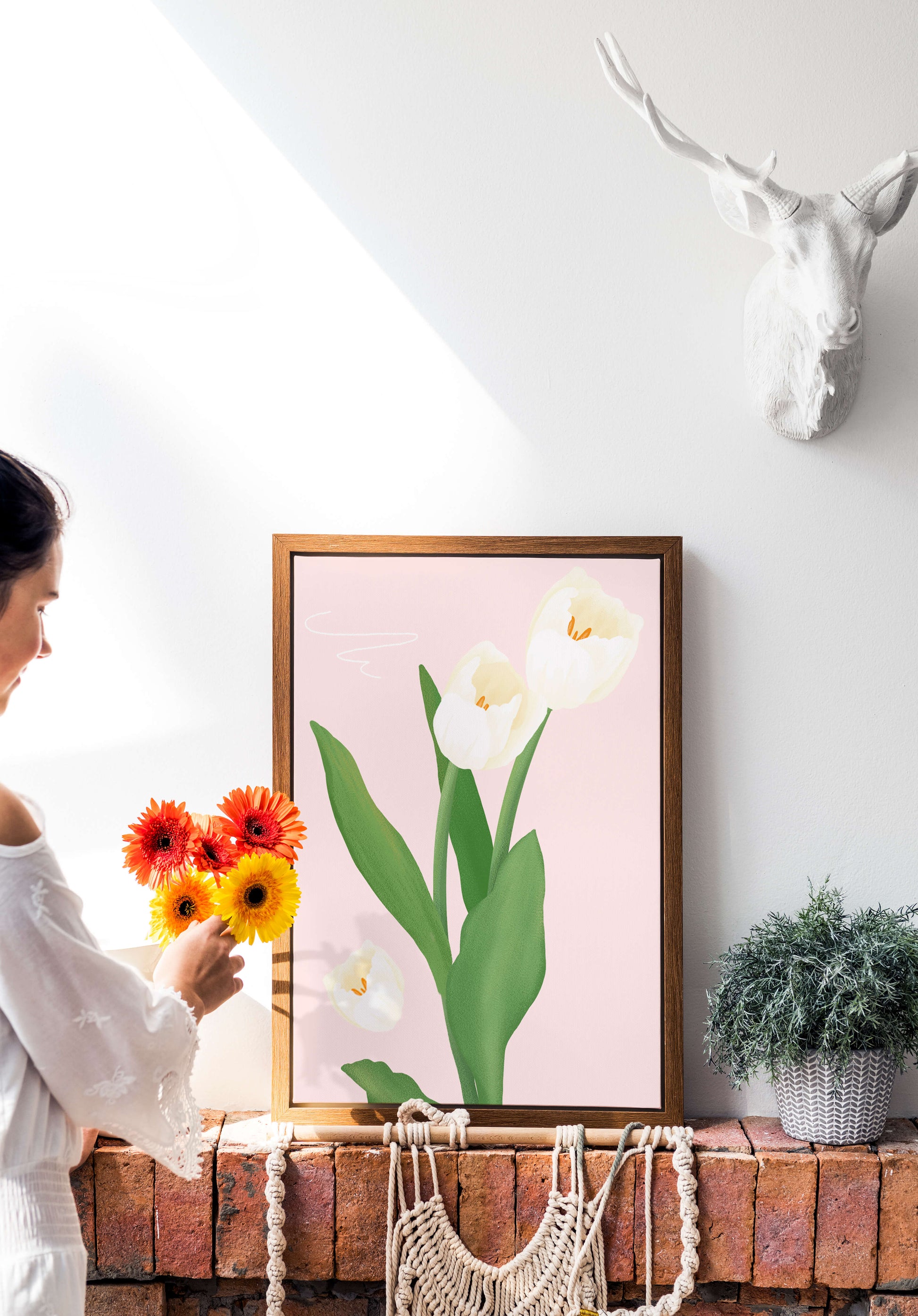 Elegant white tulips illustration on pastel background