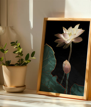 Flor de loto con detalles dorados sobre fondo oscuro