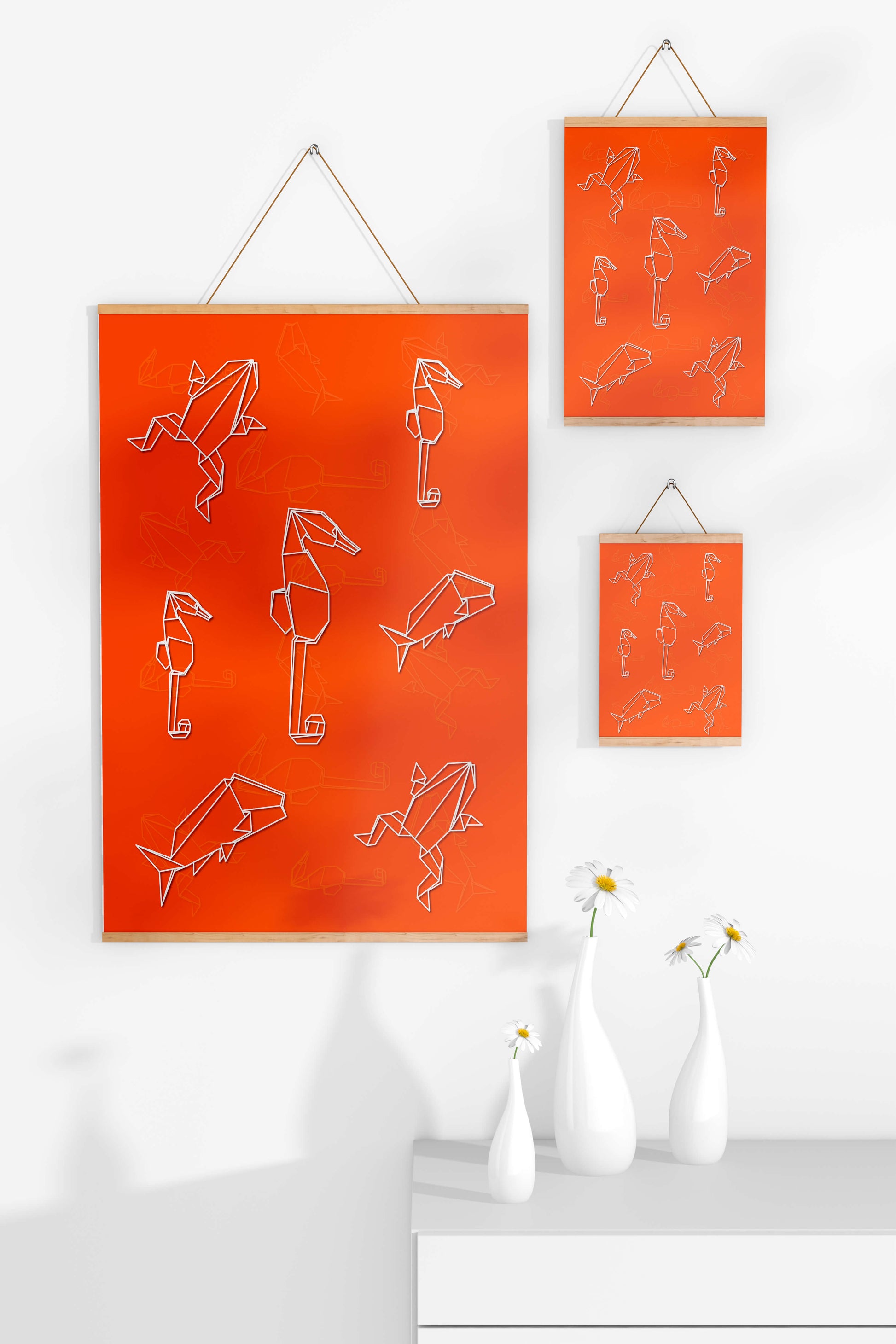 Geometric animal patterns on vibrant orange background
