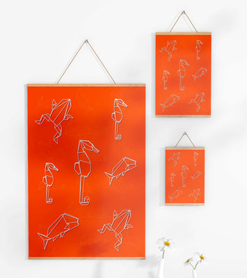 Geometric animal patterns on vibrant orange background