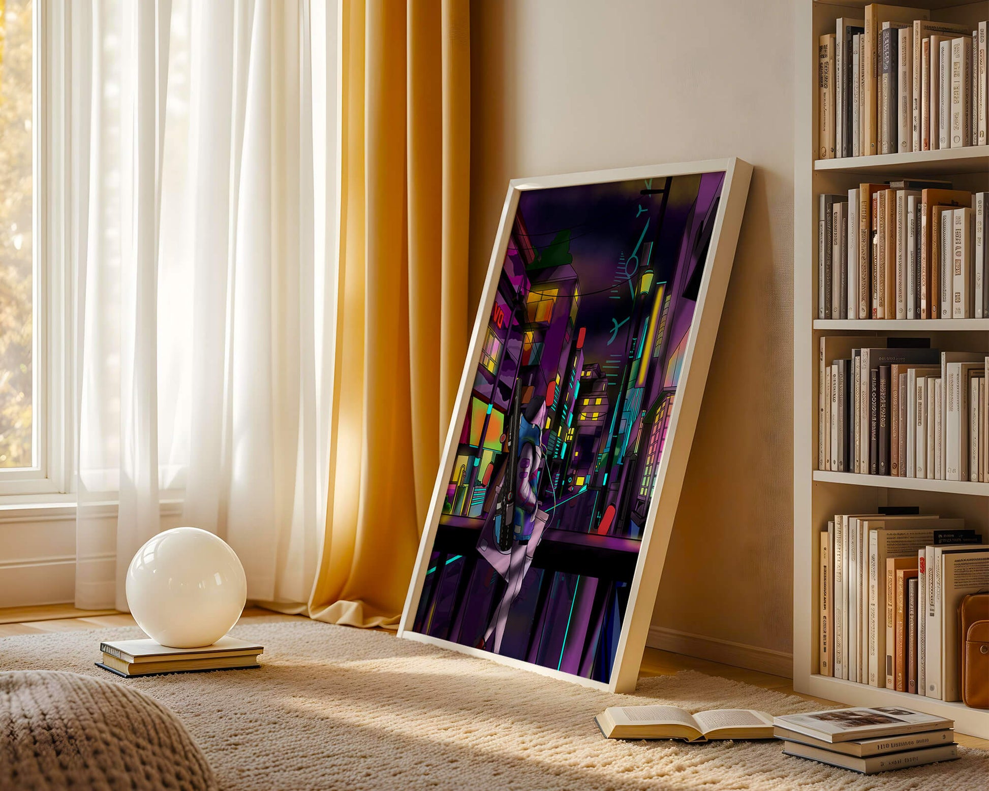Cyberpunk cityscape with a futuristic character at night
