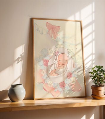 Sweet sleeping baby surrounded by soft pastel decorations
