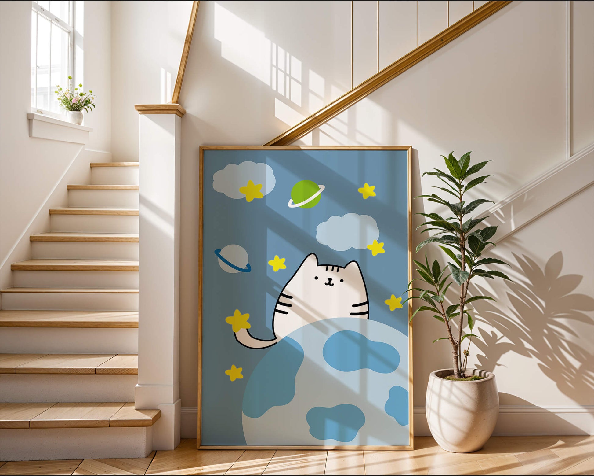 Ilustración encantadora de un gatito en una escena espacial caprichosa con nubes y estrellas