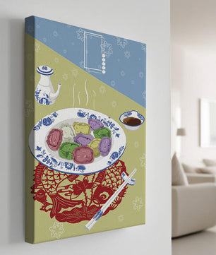 Colorful dumplings and tea set on decorative mat