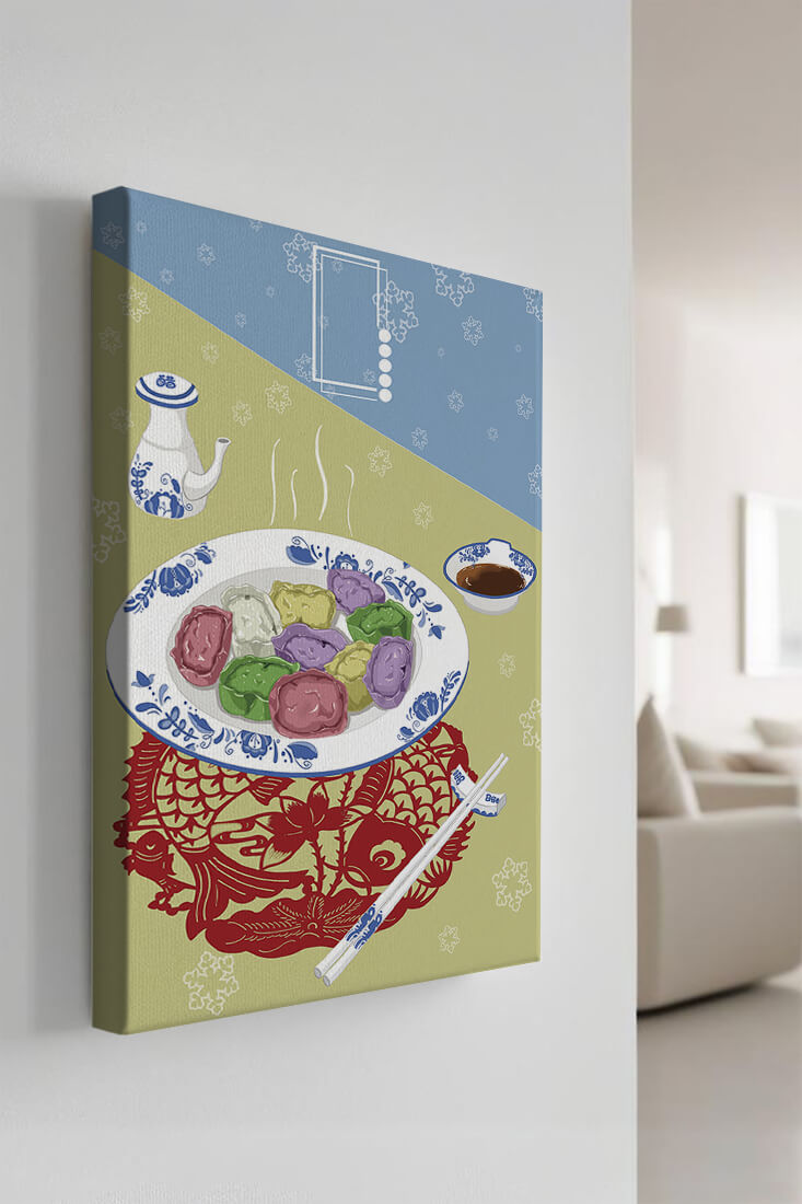 Colorful dumplings and tea set on decorative mat
