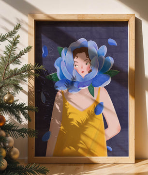 Illustration of woman with blue flower head and yellow dress