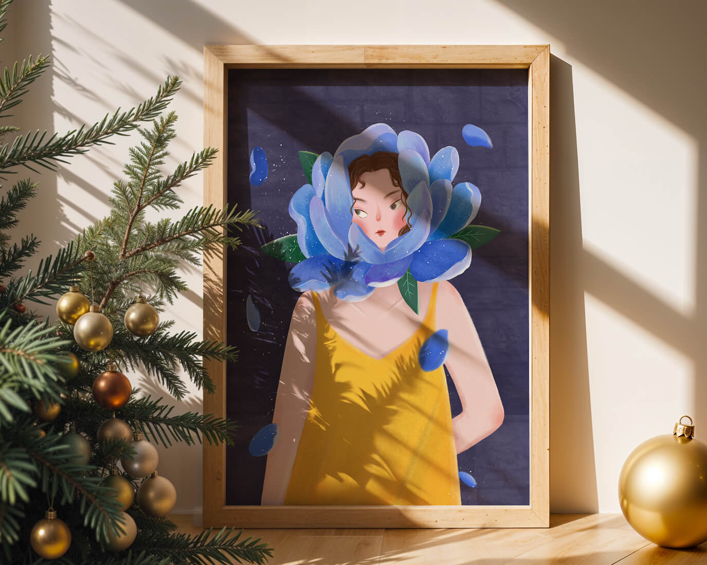 Illustration of woman with blue flower head and yellow dress