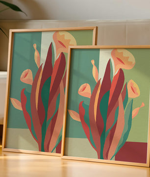 Abstract floral illustration with bold colors and geometric background