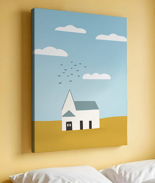 Paisaje minimalista con una casa blanca y cielo