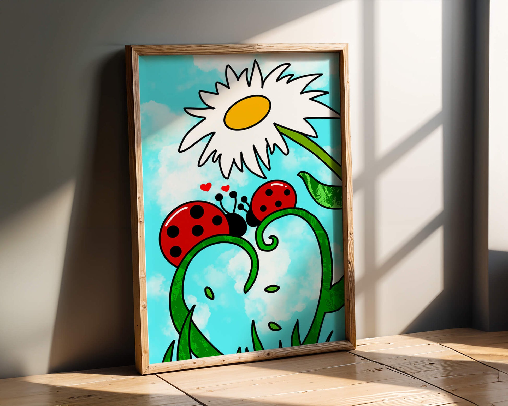 Ladybugs in love beneath a daisy on a bright sky