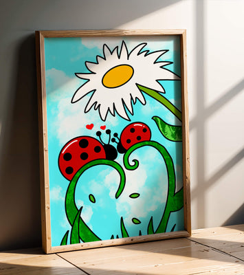Ladybugs in love beneath a daisy on a bright sky