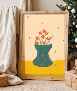 Floral Illustration with Polka Dot Vase on Colorful Background - Mi tienda