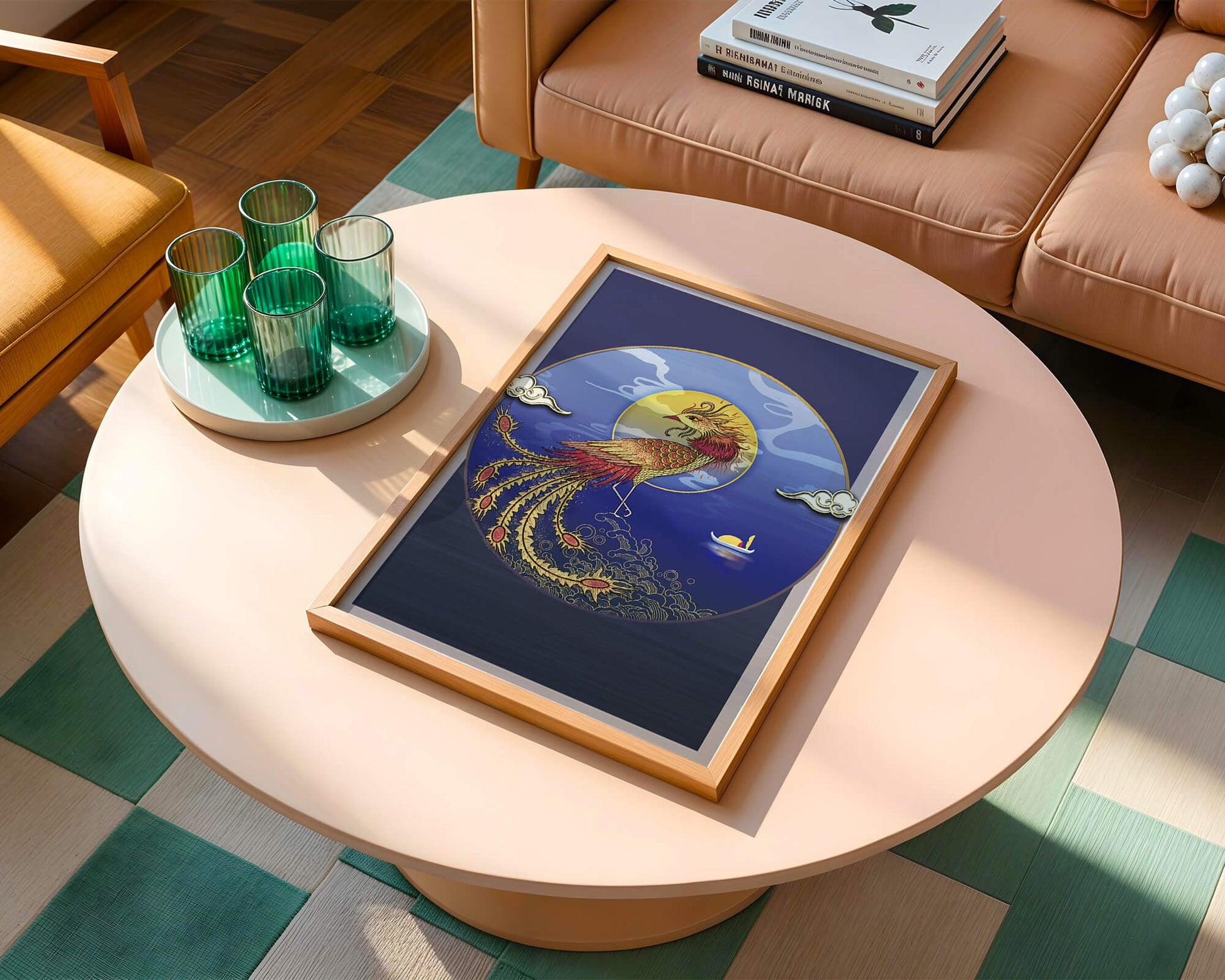 Golden Phoenix with Vibrant Feathers in Mystical Sea Setting