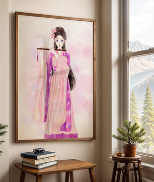 Illustration élégante à l’aquarelle d’une femme traditionnelle en tenue rose