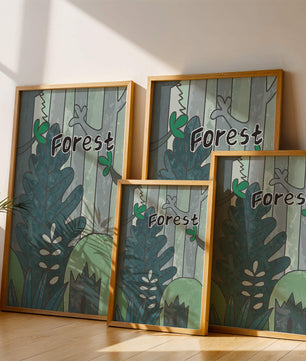 Illustrated forest scene with foliage and text