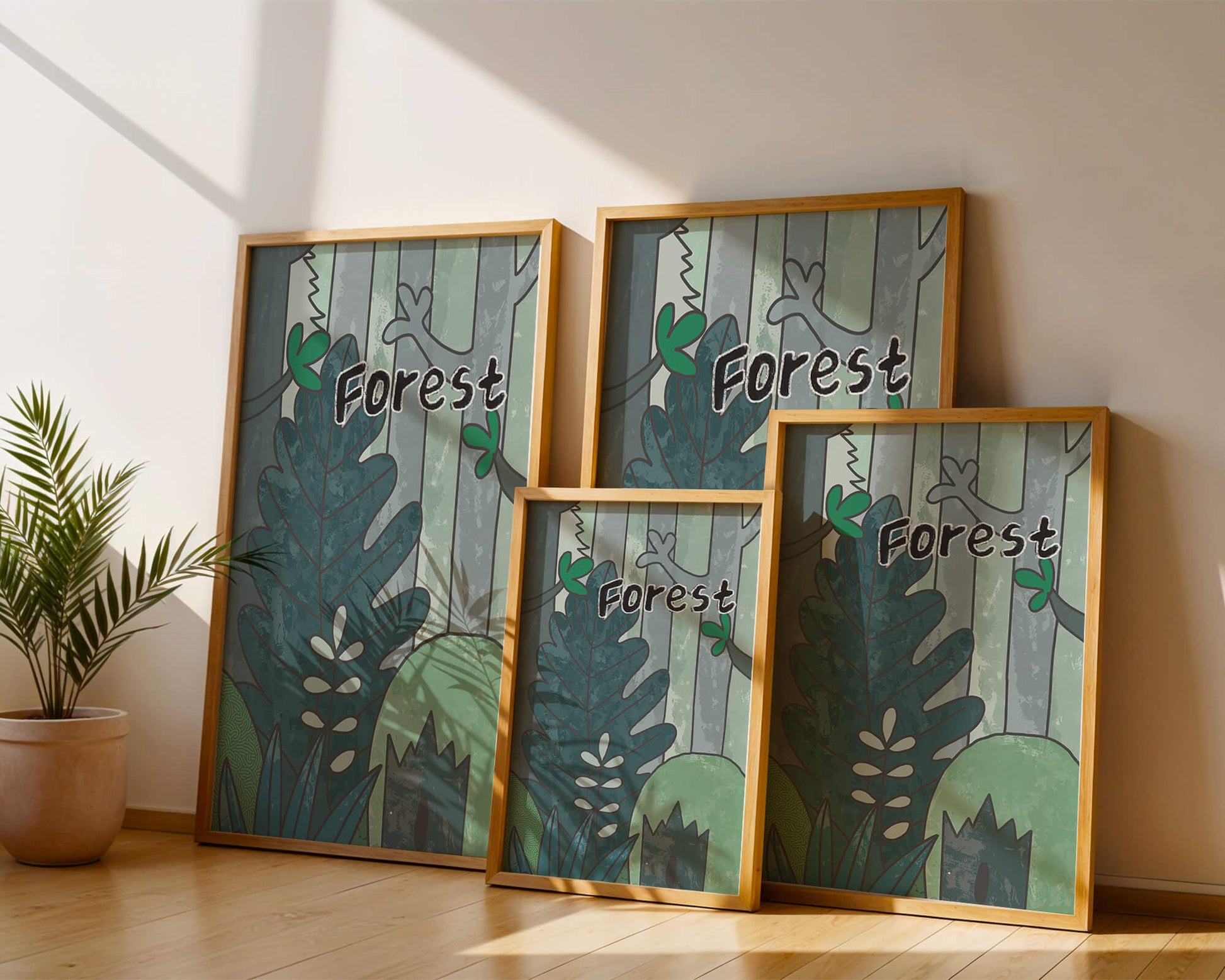 Illustrated forest scene with foliage and text