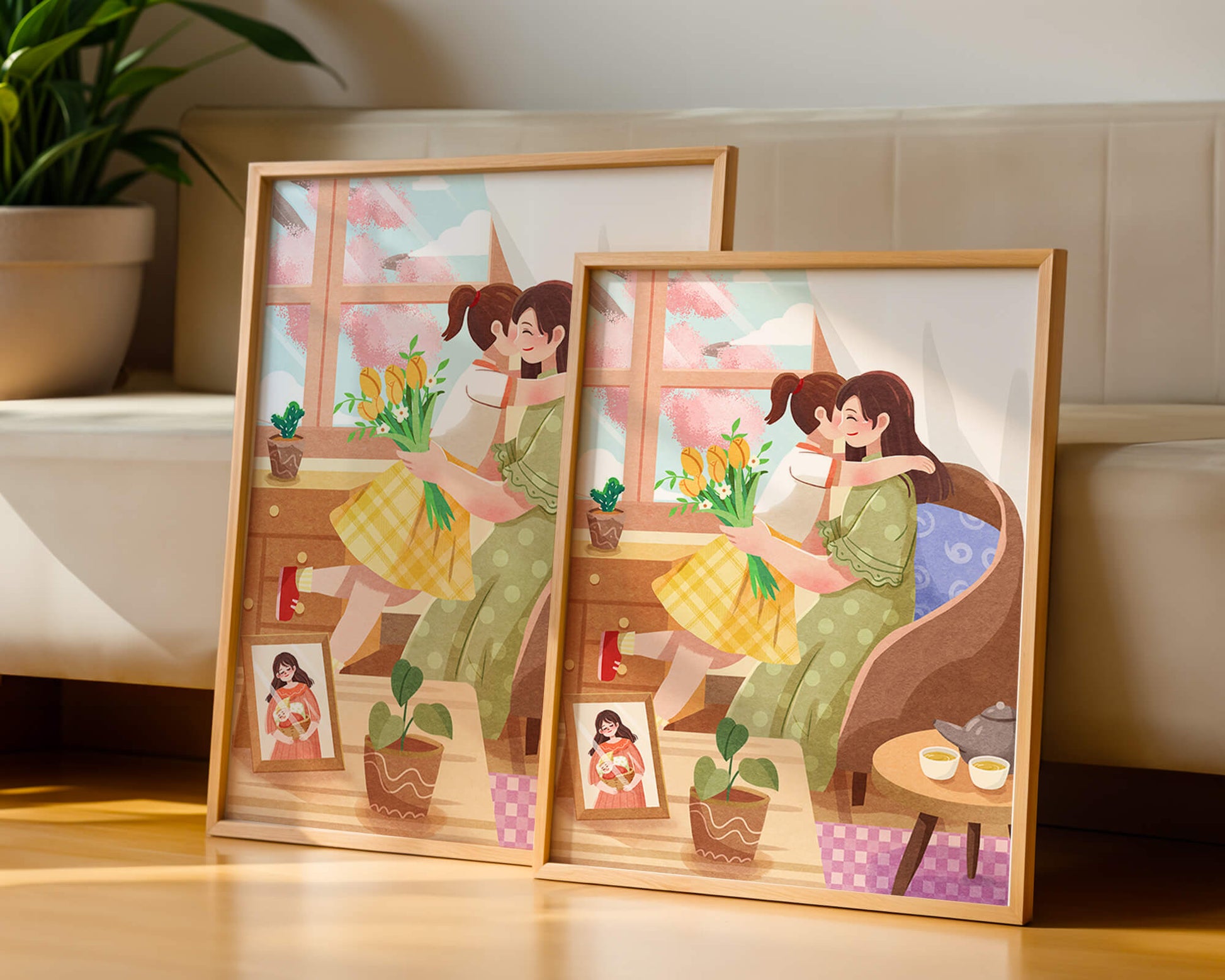 Cozy living room scene with mother and daughter hugging near window