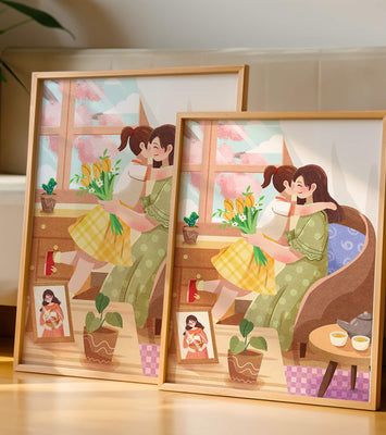 Cozy living room scene with mother and daughter hugging near window