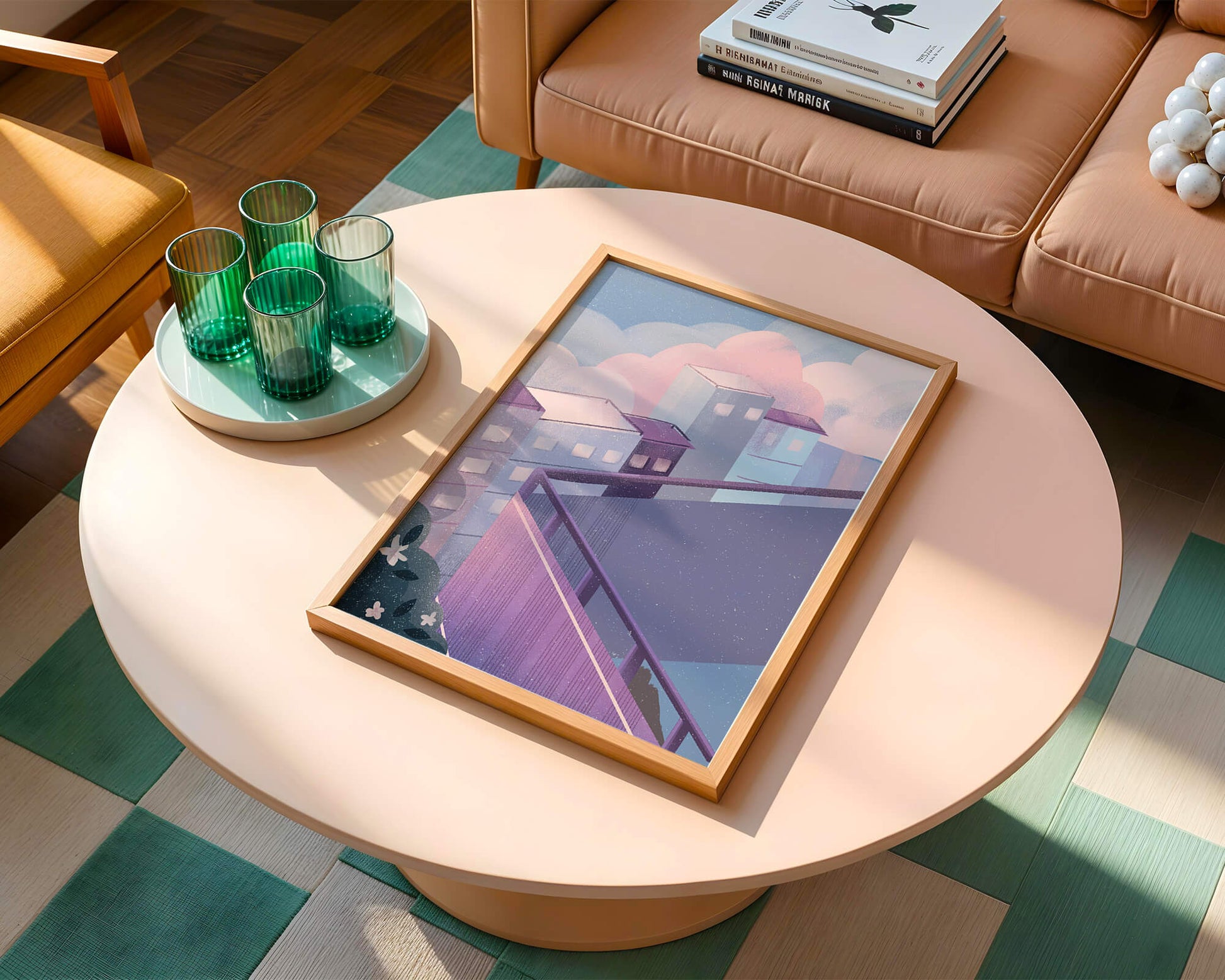 Urban Pastel Scene with Buildings and Pink Clouds