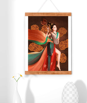 Elegante representación de una mujer tocando un instrumento de cuerda tradicional con ropajes fluidos y fondo ornamentado
