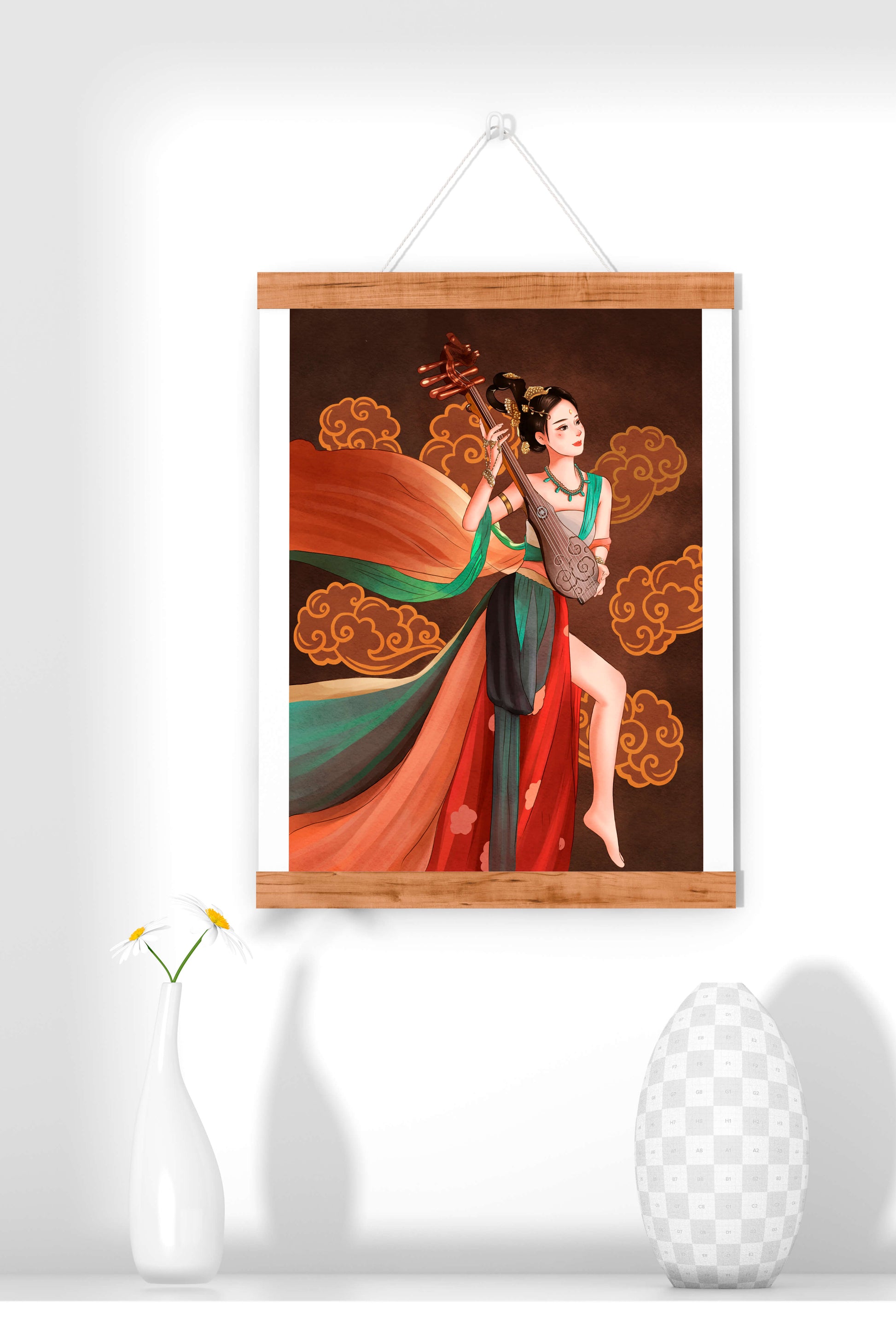Elegant depiction of a woman playing a traditional string instrument with flowing garments and ornate background