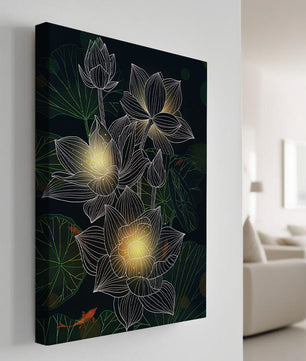 Lotus Flowers with Glowing Accents and Koi Fish Underwater
