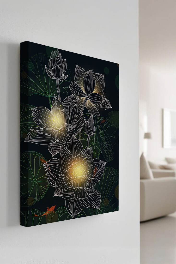 Flores de loto con detalles luminosos y peces koi bajo el agua