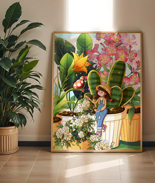 Charmante scène de jardin avec une jeune fille et des fleurs éclatantes