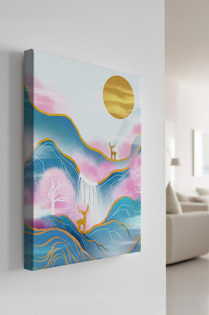 Golden deer in a pastel mountain landscape with pink skies