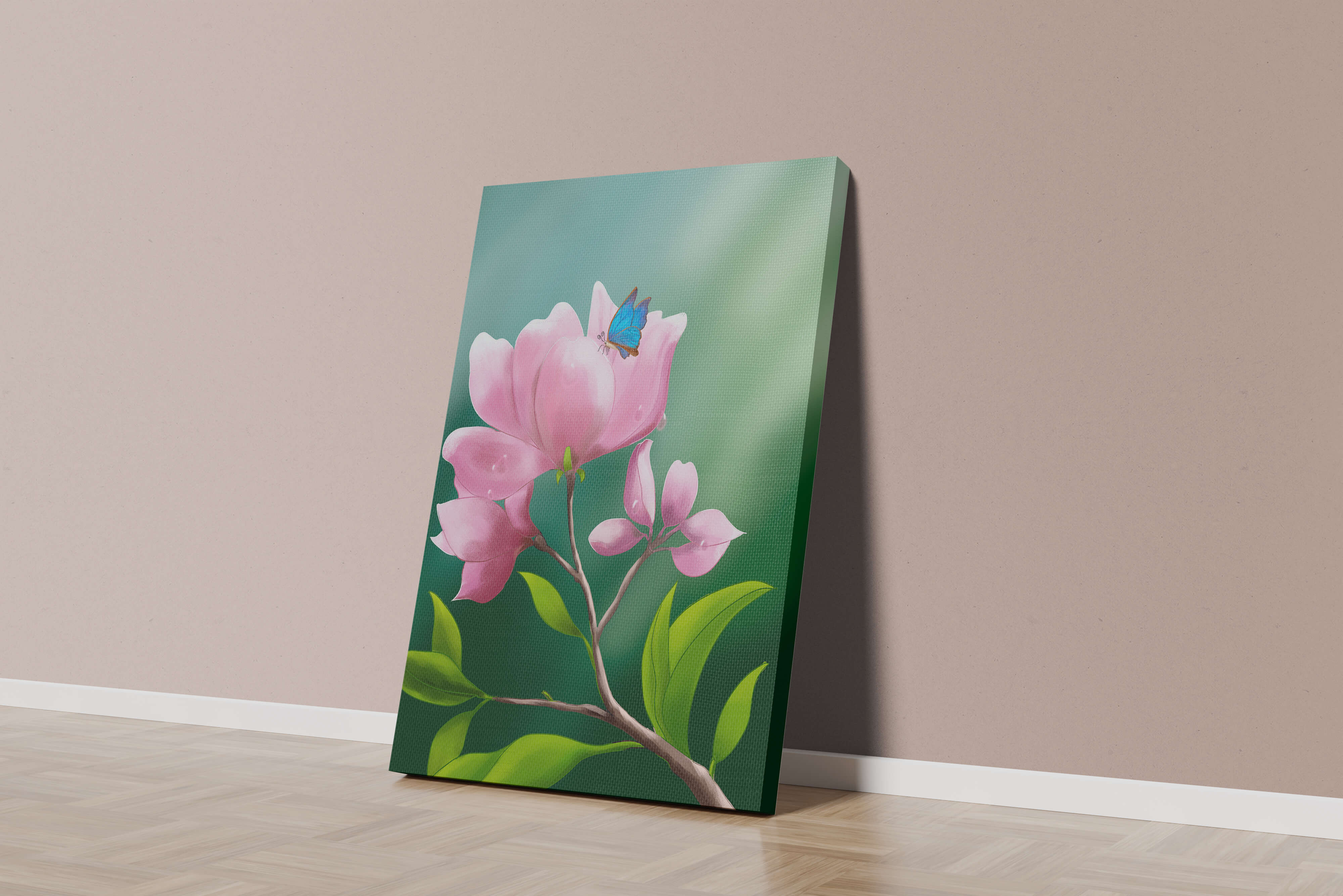 Delicate pink flower with a vibrant blue butterfly in a serene garden setting