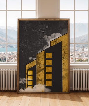 Ilustración arquitectónica artística con elementos dorados y cielo nocturno