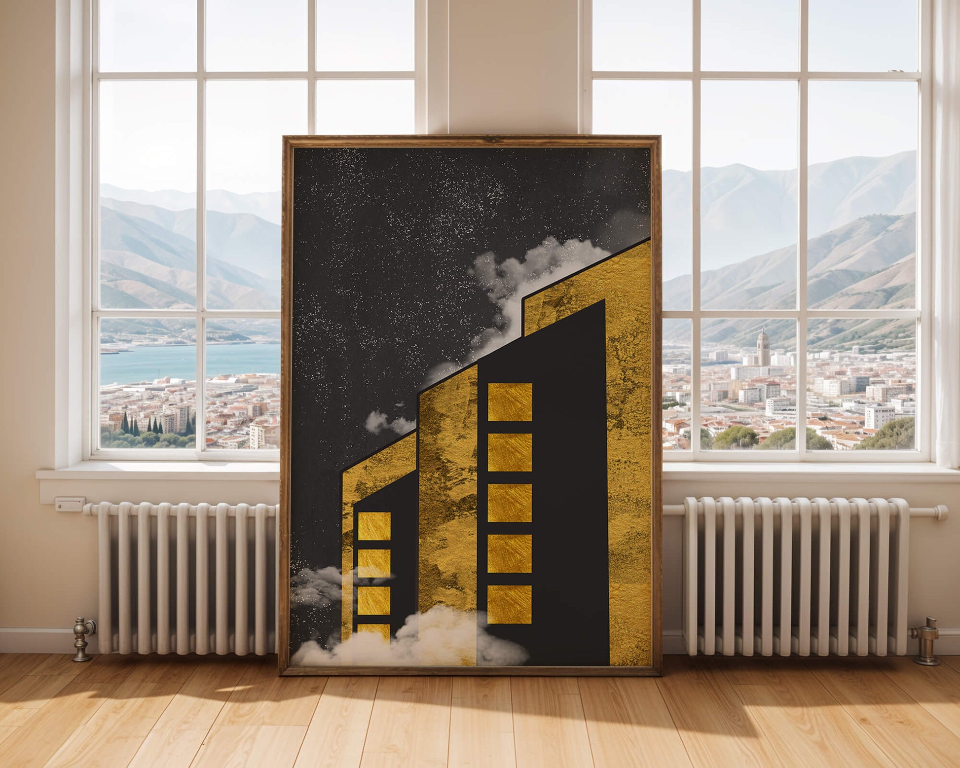 Artistic architectural illustration with golden elements and night sky