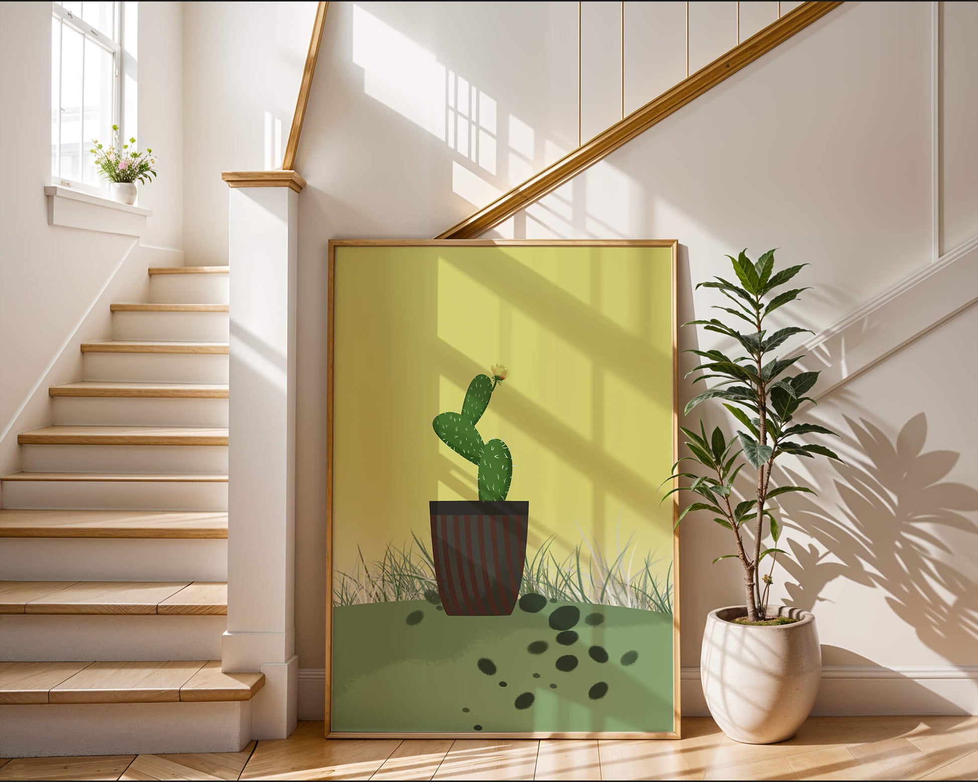 Illustration of a potted cactus with flower on soft background