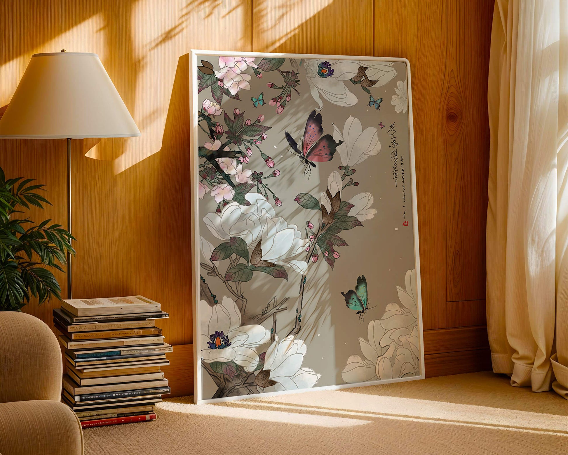 Mariposas y flores con suaves colores pastel y composición floral artística