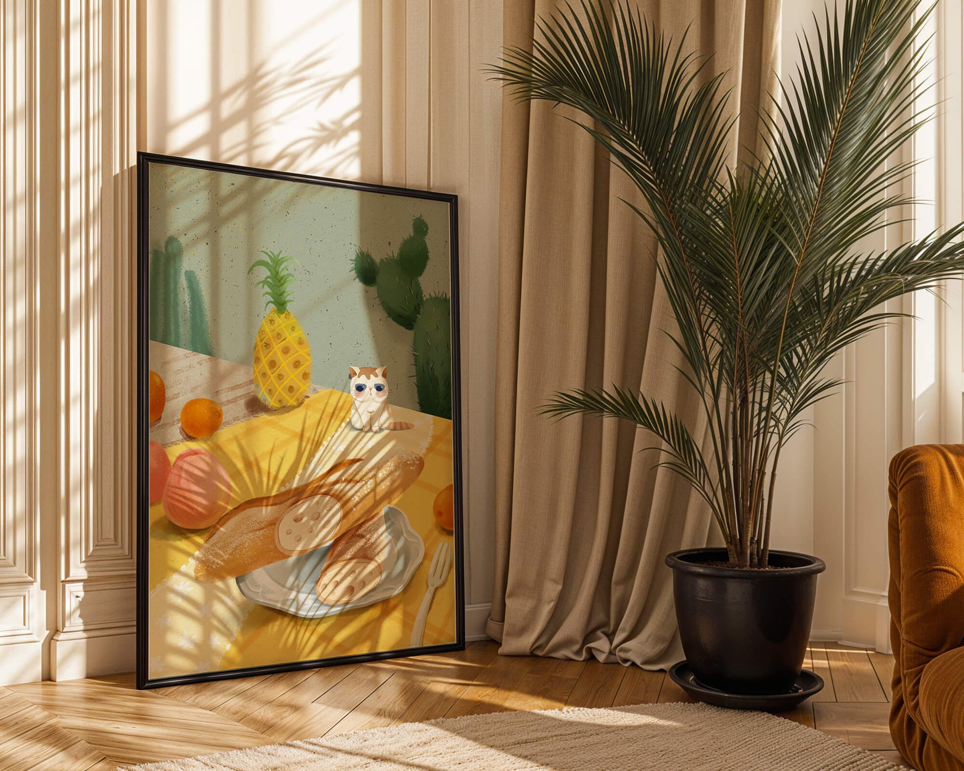 Gato con gafas de sol en un entorno tropical con baguettes y frutas