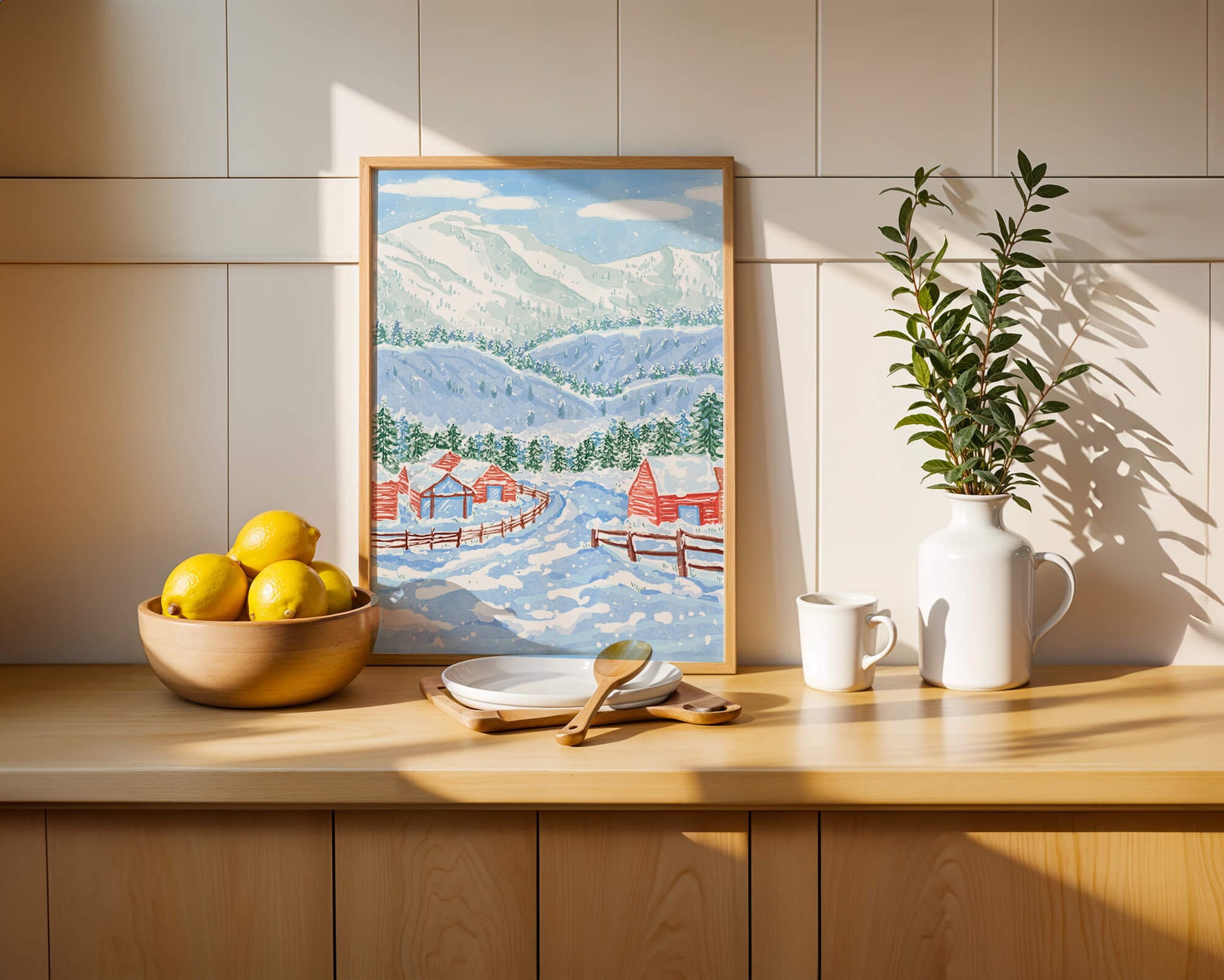 Charming snowy landscape with mountain view and cozy cabins