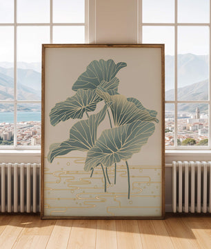 Elegant botanical illustration featuring large leaves with golden accents