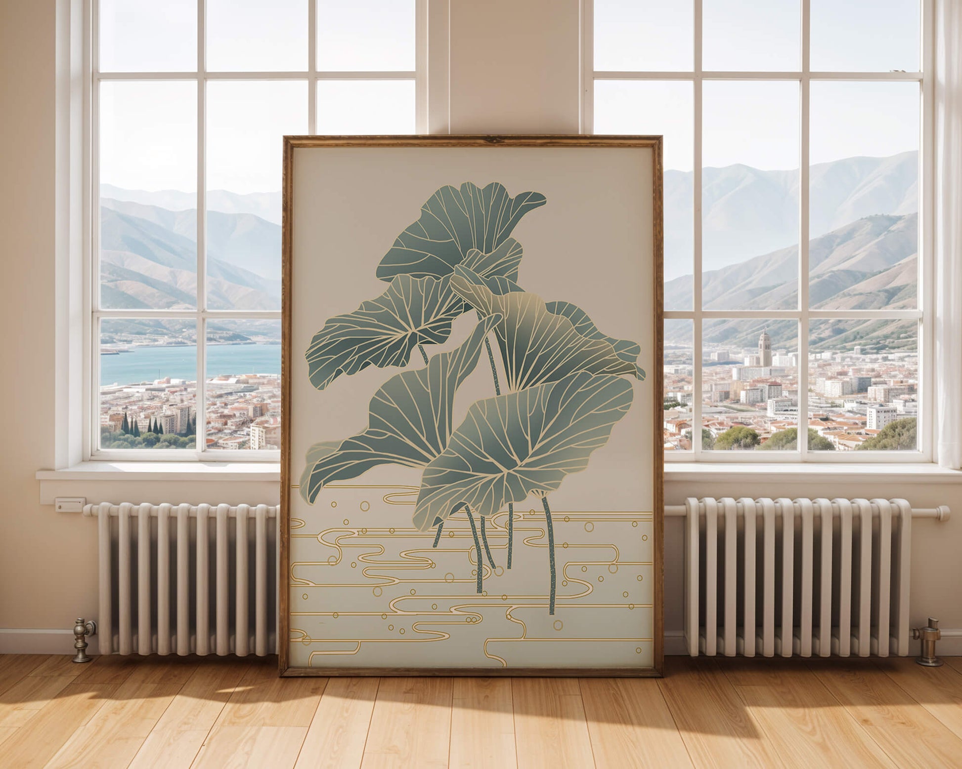 Elegant botanical illustration featuring large leaves with golden accents