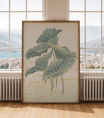 Elegant botanical illustration featuring large leaves with golden accents
