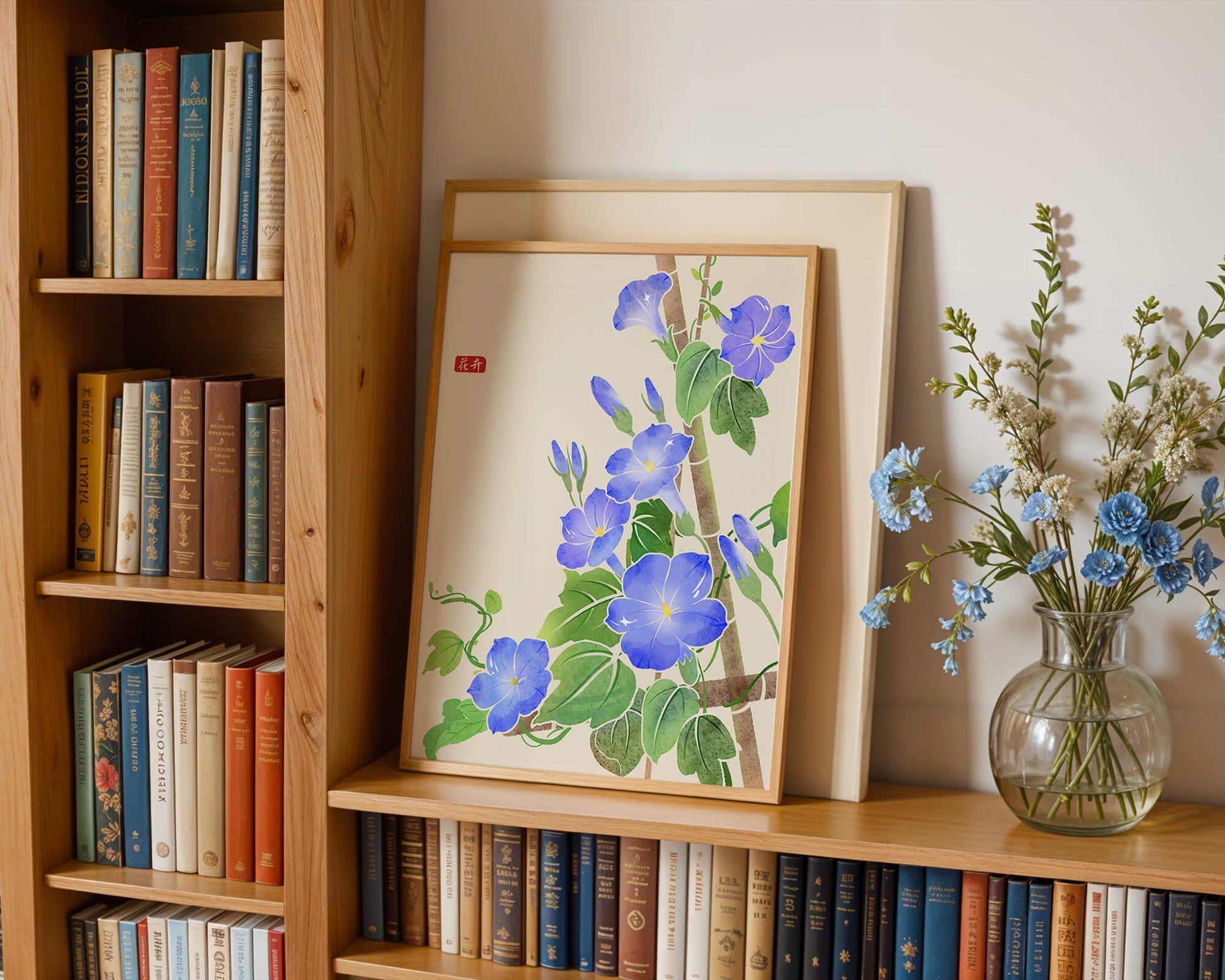 Obra floral delicada con glorias matutinas azules vibrantes