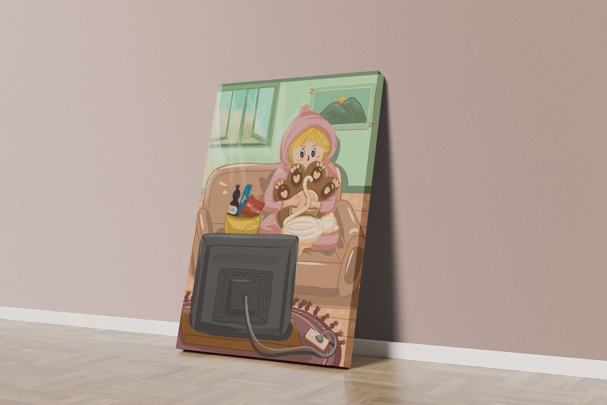 Cozy cartoon scene: person with cat and snacks on a sofa